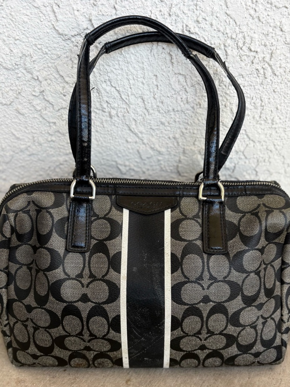 Coach Gray and Black Signature Nancy Stripe Shoulder Bag